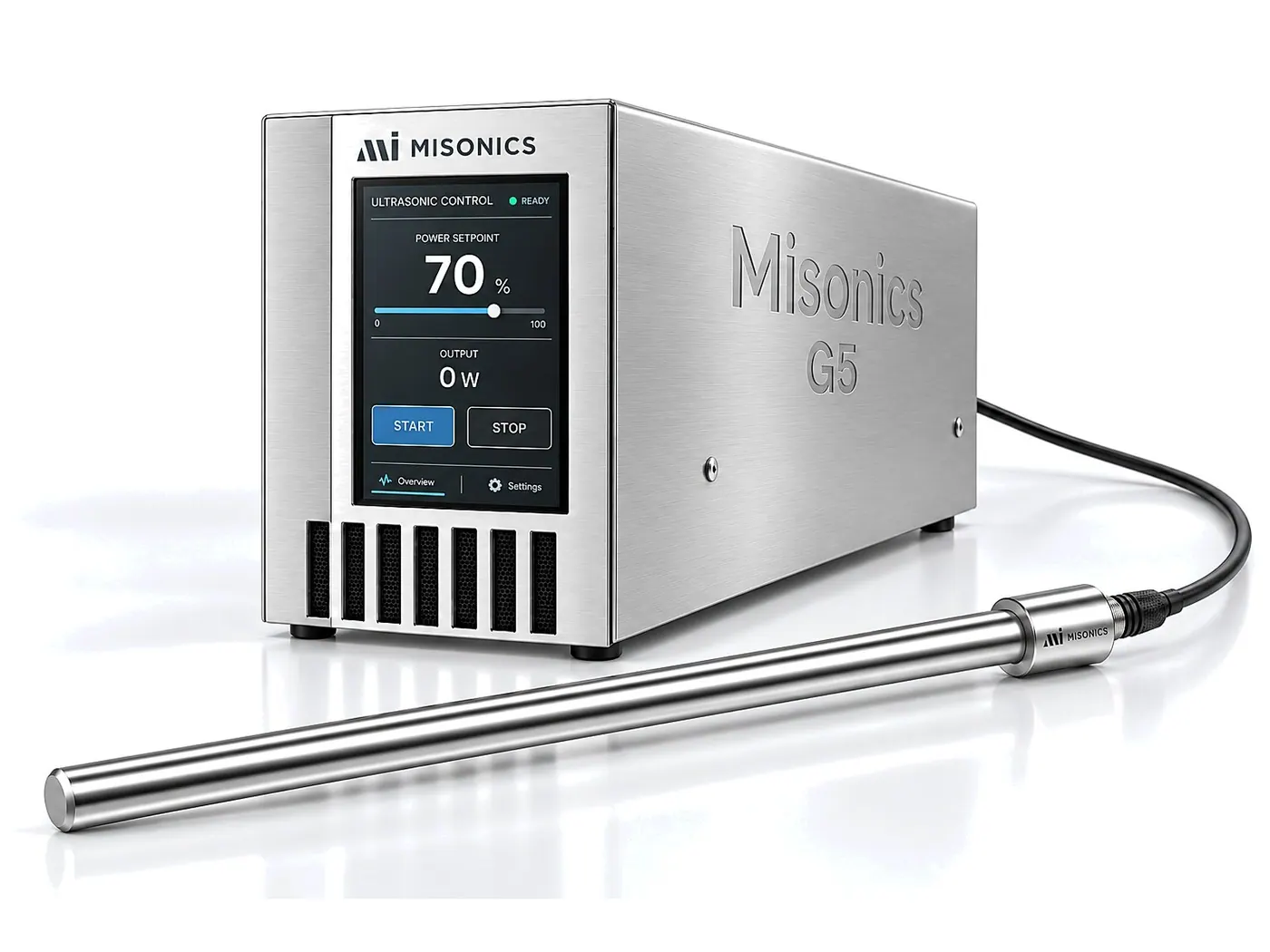 A Misonics SonoDrive G5 generator connected to a Solo 360 rod resonator, the matched pair